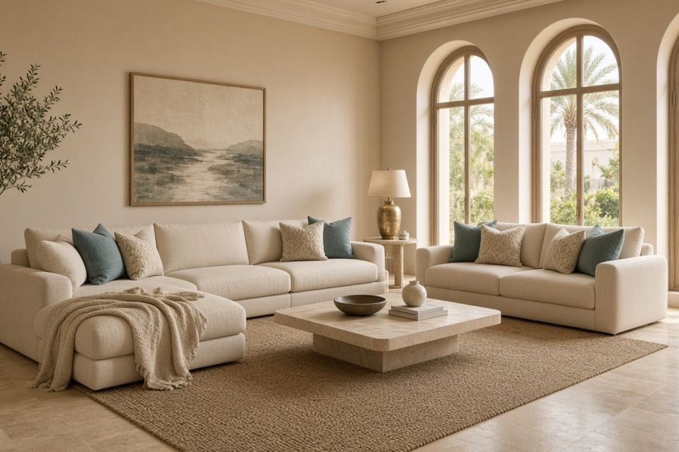 Bright villa living room with cream sofas and arched windows