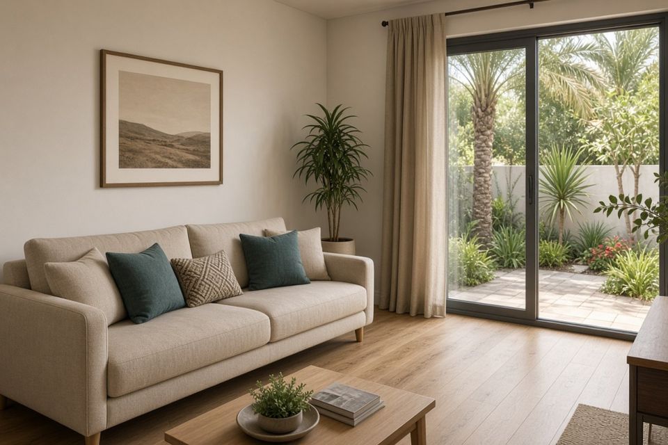 Townhouse living room opening to a small garden