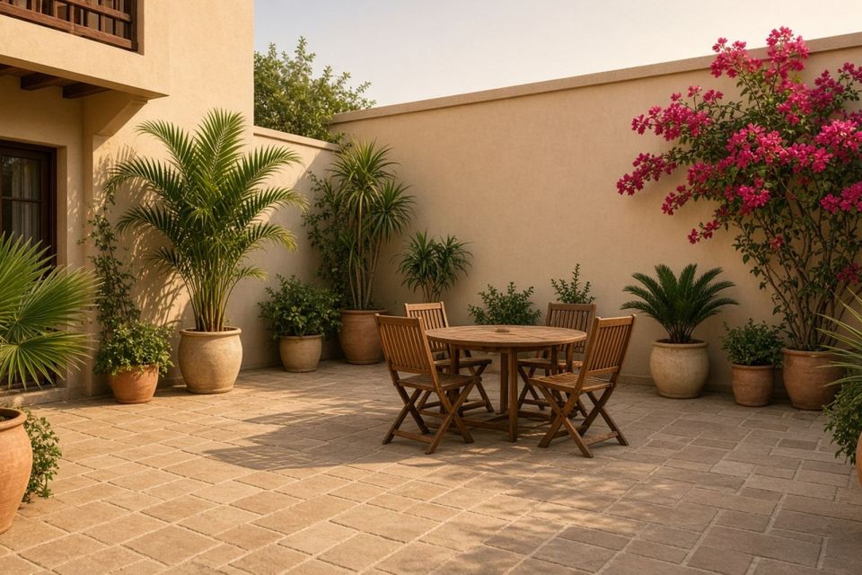 Small private garden with outdoor dining