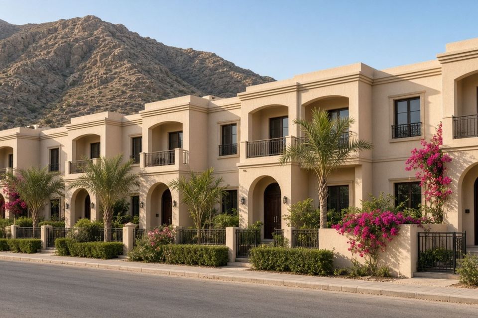 Row of beige townhouses with small front gardens