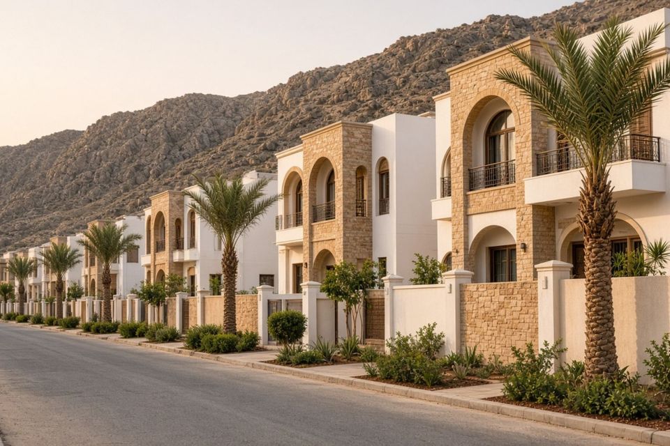 Palm-lined street inside a gated compound