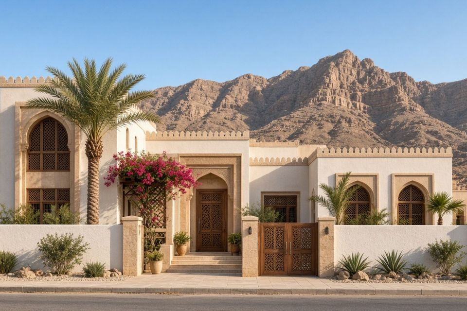 Two-storey white villa with arched windows and palms, mountains behind