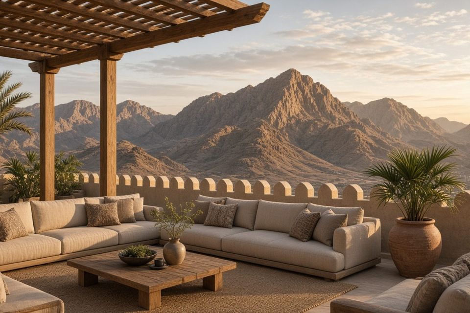 Roof terrace with lounge seating and mountain view