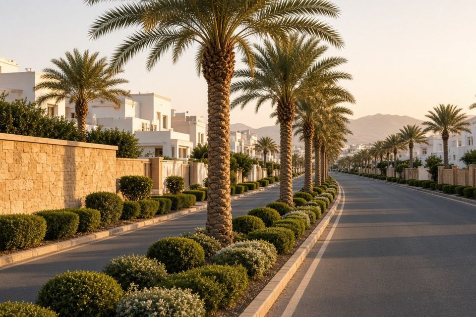 Landscaped compound boulevard with palms