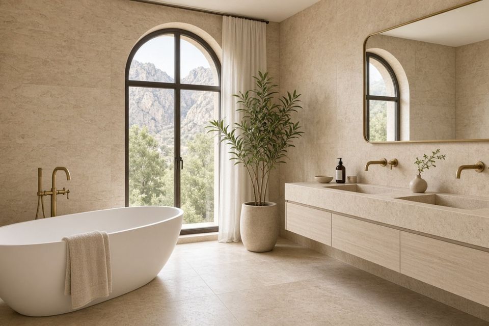 Villa bathroom with freestanding tub and stone tiles
