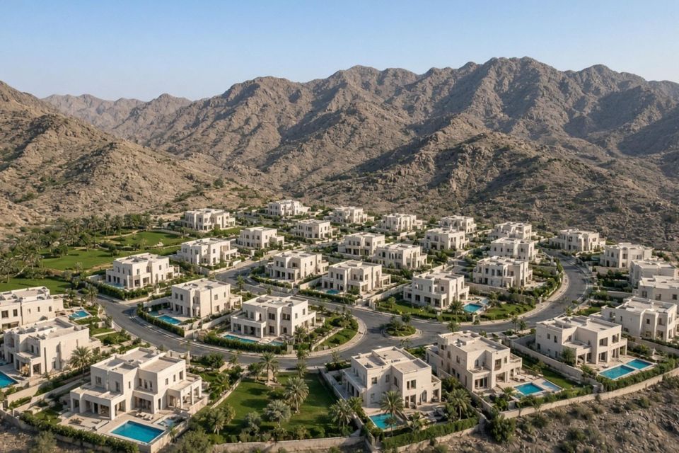 Elevated view of a villa compound with mountains behind
